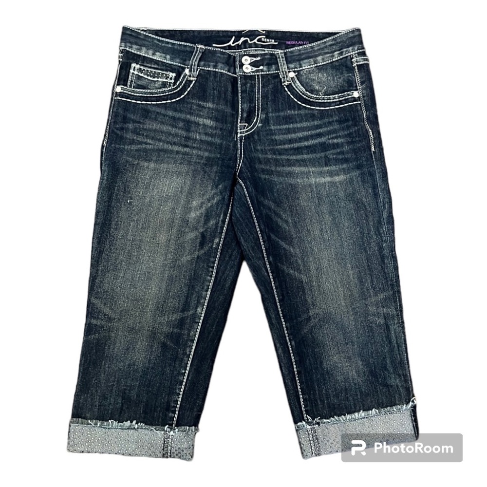 Inc denim capri jeans with rhinestone studded design